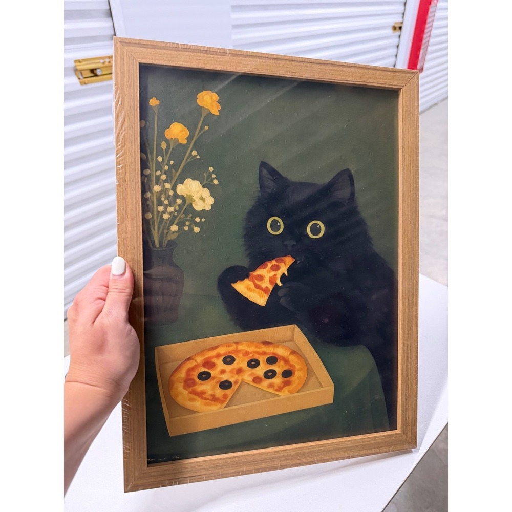 Framed Black Cat Eating Pizza Canvas Wall Art Decor Wood Look Frame 12x16